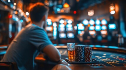 A person sits at a casino table, gazing at slot machines, with drinks in front, creating an atmospheric vibe of excitement and anticipation.