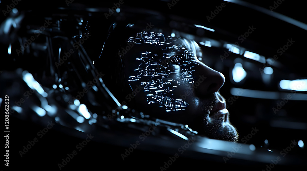Poster man connected to futuristic technology displays data on face in dark environment.