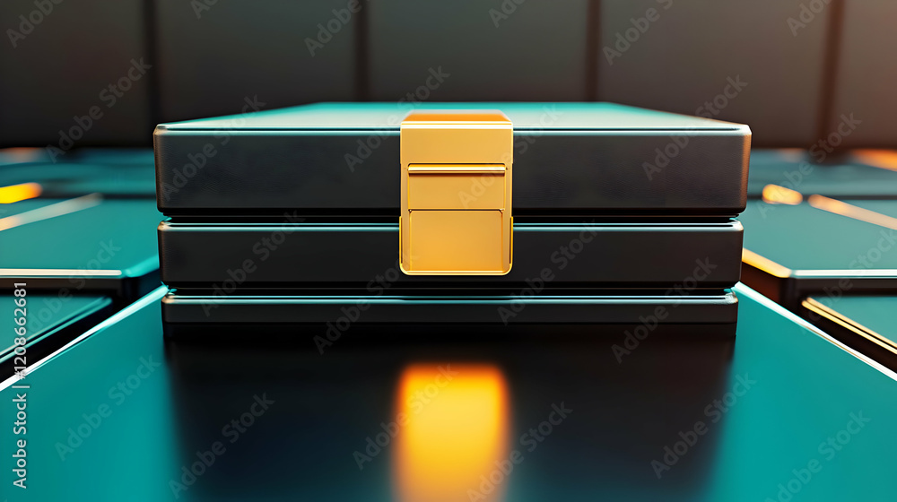 Poster 3d render of black boxes with gold clasps stacked on reflective surface with orange glow