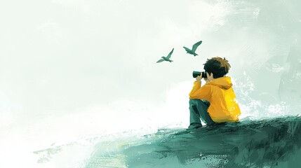 Naklejka premium Child in Yellow Jacket Observing Birds with Binoculars on a Serene Landscape