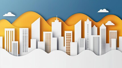 Stylized paper craft city skyline, featuring modern buildings and mountains in the background, vibrant colors and smooth shapes.