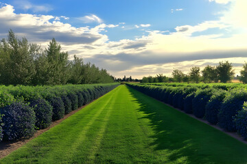 Naklejka premium Lush Green Pathway Divides Rows of Blueberry Bushes Under a Cloudy Sunset Sky
