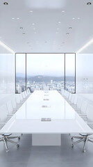 Modern Conference Room Overlooking a Cityscape with White Table and Chairs Elegantly Positioned