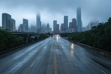 Obraz premium Foggy Cityscape at Dusk with Urban Skyline Emerging from Mist and Reflections on Wet Road Highlighting a Tranquil Yet Mysterious Atmosphere
