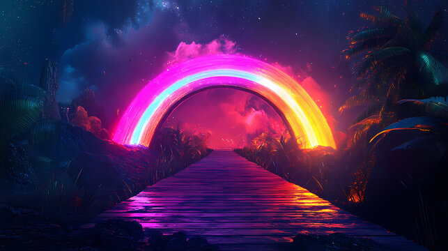 Neon rainbow bridge night walkway lightscape fantasy. Rainbow Bridge. Illustration