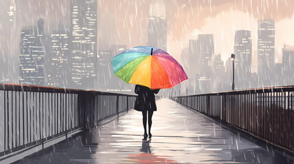 Person with a rainbow umbrella crossing a city bridge on a rainy day, vivid colors in a grey setting. Rainbow Bridge. Illustration