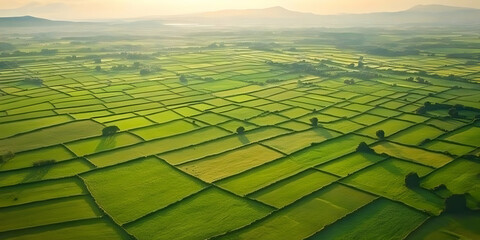 Aerial view of patchwork green fields stretches to the distant misty mountains at sunrise.