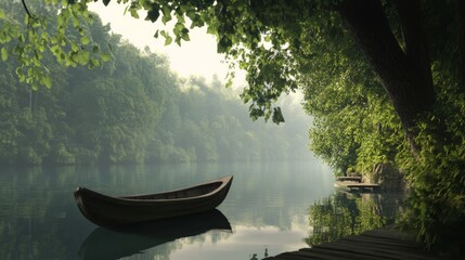Serene misty morning, wooden rowboat on calm river, lush green forest foliage, tranquil scene.