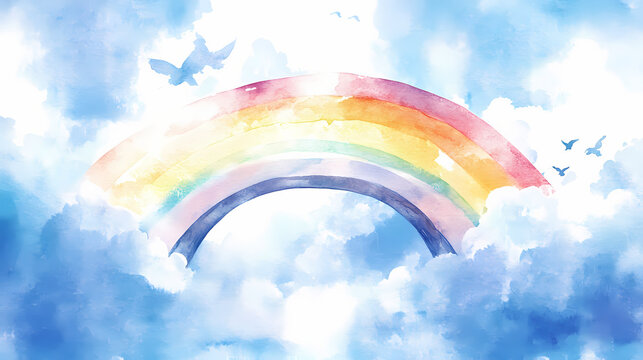 Watercolor rainbow bridge white cloud background. Rainbow Bridge. Illustration
