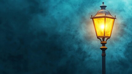 An old-fashioned street lamp glows warmly against a misty, dark teal backdrop, creating a mysterious and atmospheric scene.