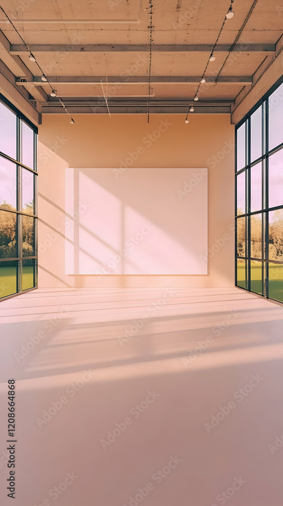 Poster empty modern gallery interior with large blank canvas, sunlight streams through large windows, minim