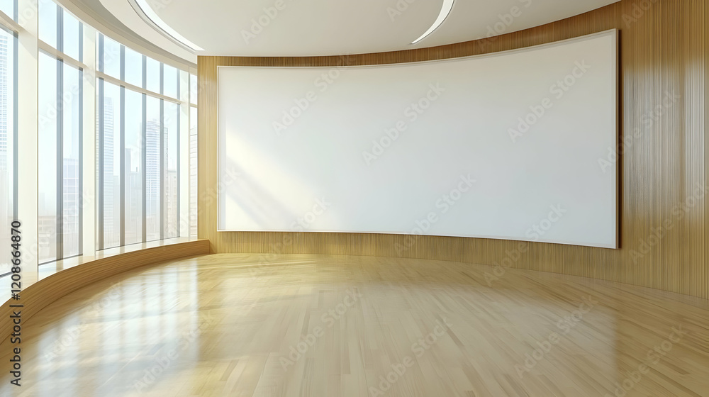 Poster modern empty room with large blank canvas and city view through curved window