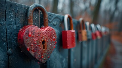 Rainy day love locks on bridge, blurred forest background; romance concept