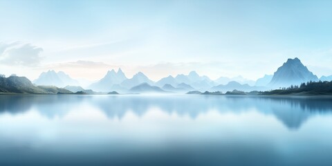 A tranquil mountain lake reflecting the soft blue hues of the sky and surrounding misty peaks.