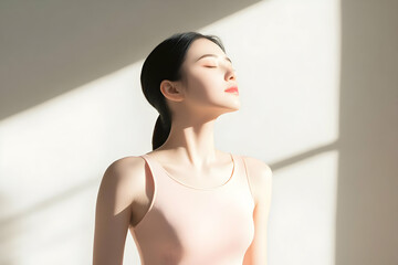 Young Woman Closes Eyes and Enjoys Sunlight, Softly Illuminating Her Face and Body, Peaceful and Serene