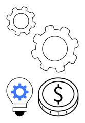 Gears, light bulb with gear, and dollar coin illustrate innovation, teamwork, process, and finance. Ideal for business, strategy, technology success economic growth investment abstract line flat