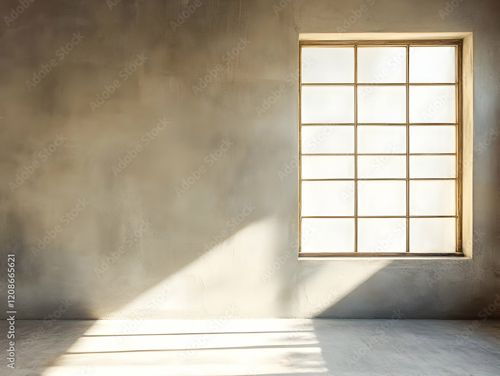 Poster sunlight streams through a multi-paned window in an empty room with textured walls and a polished fl