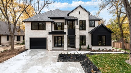 Workers Installing Roofing on Newly Built Residential House with Modern Design and Landscape
