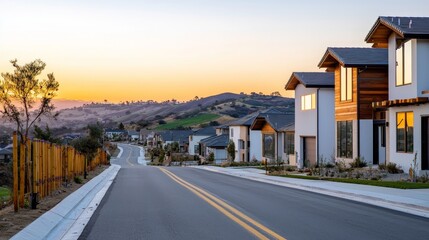 Obraz premium Panoramic View of Modern Residential Neighborhood at Sunset with Scenic Road and Countryside