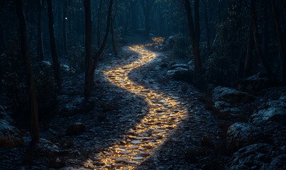 Fototapeta premium Empowerment journey through a mystic forest path enchanted environment nighttime serenity nature's beauty