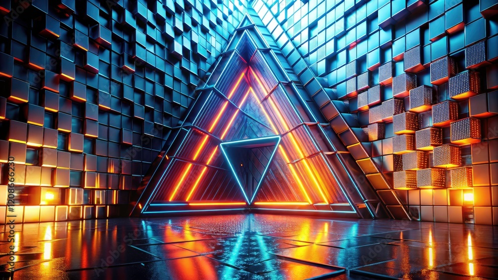 Poster futuristic triangular architecture dominates the frame; dark, high-tech 3d render, masterful composi