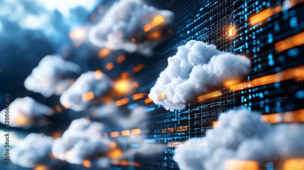 Poster close up of laptop screen showcasing modern digital interface with cloud elements and data