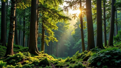 Obraz premium Dappled sunlight dances through towering pines in a serene forest, casting golden patterns on the verdant undergrowth