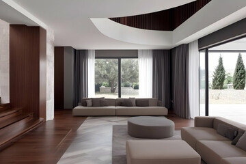 Modern Living Room Showcases Stylish Furniture and Large Windows with Scenic Garden Views.