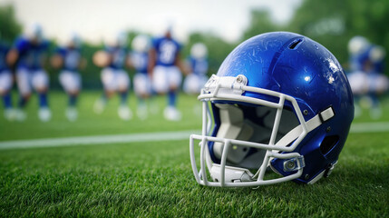 Closeup of a Blue American Football Helmet on Grass Field with Players Practicing in the Background