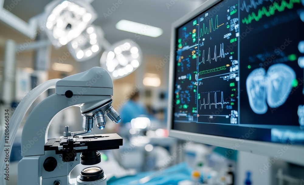 Aufkleber close-up of endocrinological microscope with monitor displaying medical data in laboratory