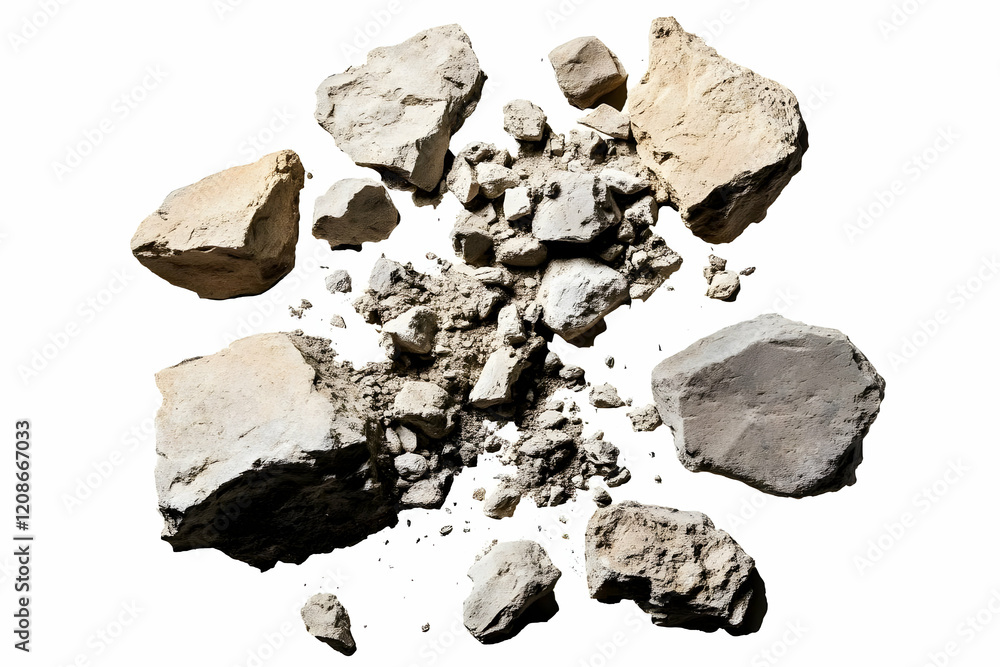 Aufkleber shattered stone fragments explode outward on a white background, creating a dynamic composition.