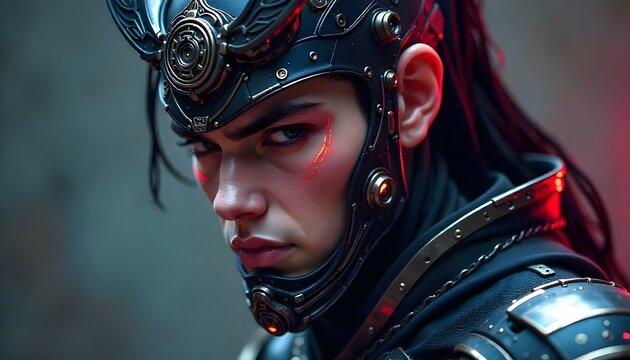 A traditional yet futuristic cyberpunk samurai ninja, blending classic armor details with high-tech enhancements