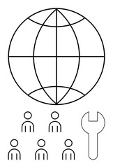 Globe five simplified human figures, and a wrench symbol. Ideal for global collaboration, teamwork, problem-solving, international cooperation, community, leadership, innovative solutions. Line