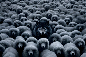 A lone wolf stands out among a crowd of fluffy sheep, representing individuality and uniqueness.