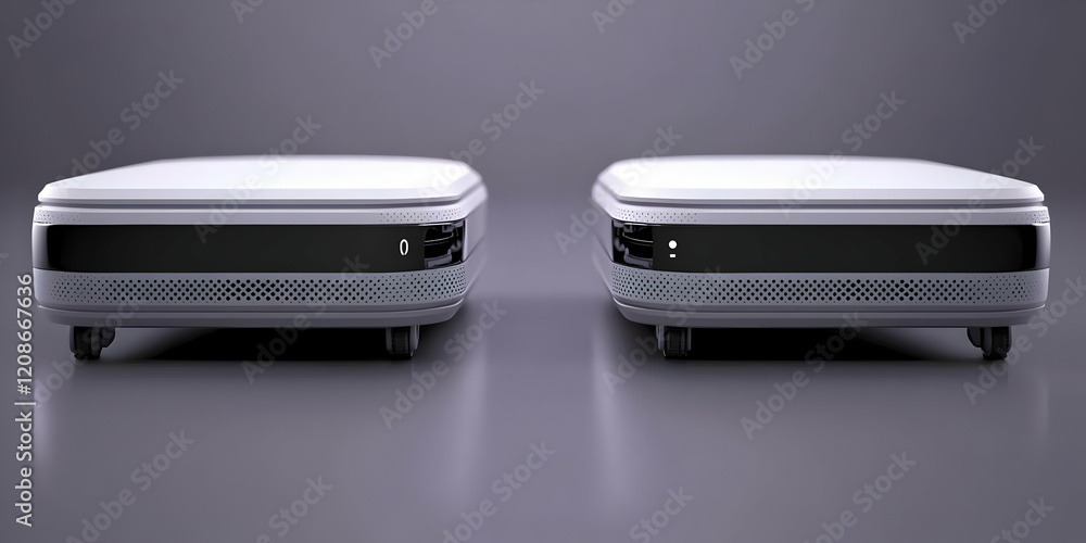 Poster two futuristic devices stand on wheels with illuminated indicators on a gray background