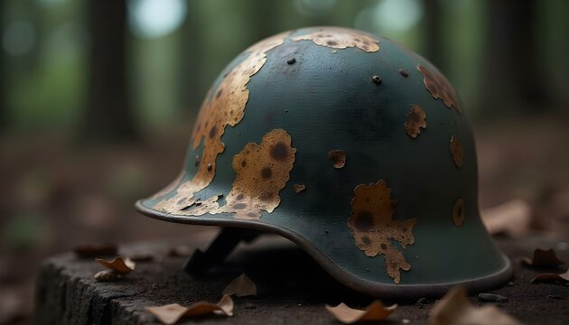A weathered war soldier's helmet with peeling paint, standing as a powerful symbol of history, resilience, and the passage of time - Powered by Adobe