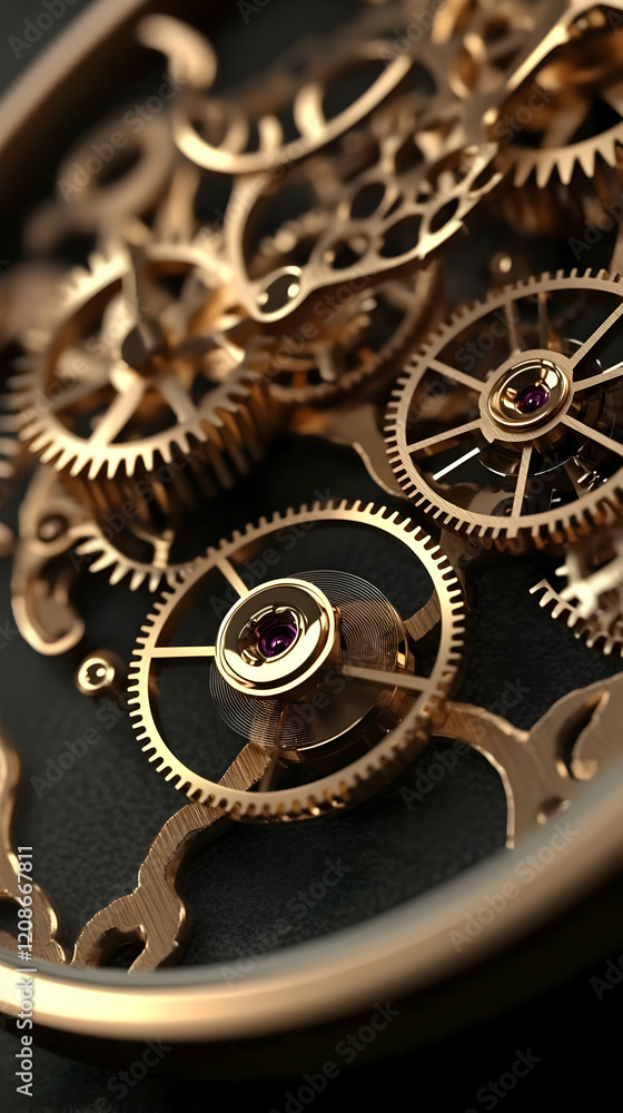 Poster intricate gold clockwork mechanism shows precise engineering and design close-up.