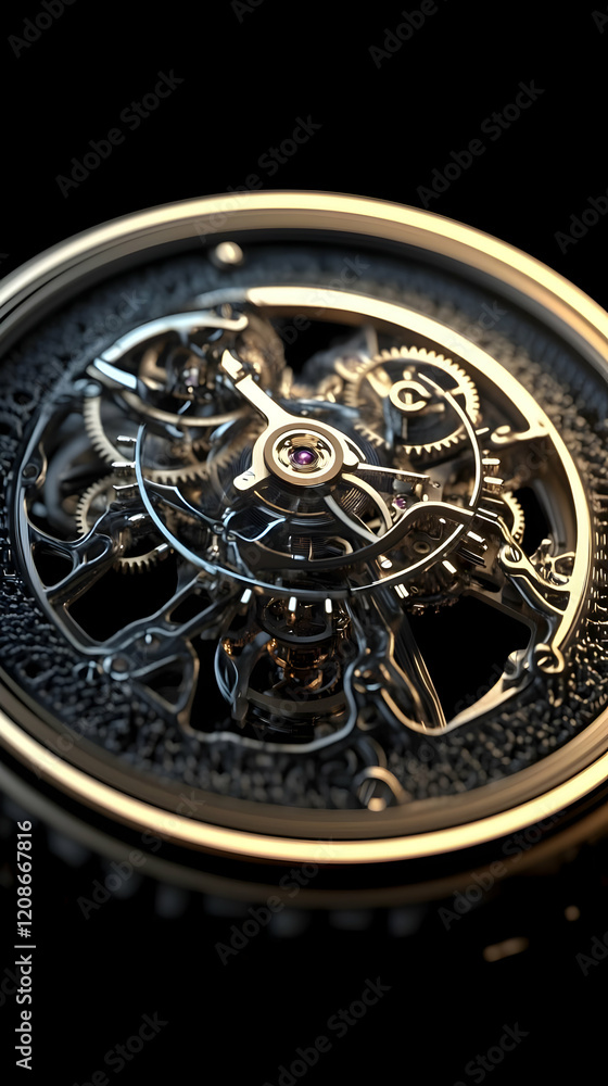 Poster Intricate Clockwork Mechanism Shows Precise Engineering and Design on Black Background