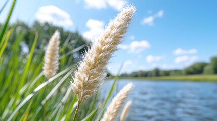 Fluffy grasses by canal, summer day, nature scene, peaceful background, ideal for calming designs