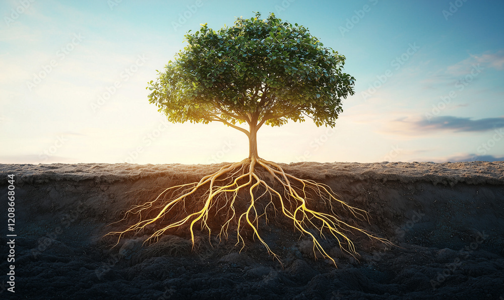 Poster tree with visible roots against a bright sky, symbolizing growth and connection to nature.