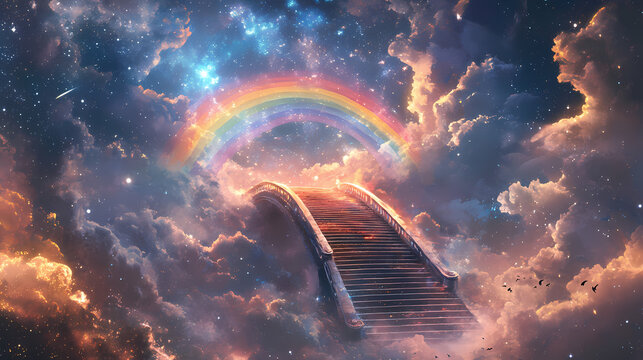 A celestial scene featuring a grand rainbow bridge leading to a staircase ascending into the sky. Rainbow Bridge. Illustration