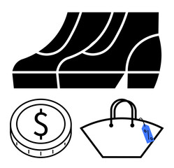 High heels with solid design, a tote bag with a tag, and a currency coin. Ideal for retail, shopping, fashion industry, trends, pricing e-commerce financial concepts. Abstract line flat metaphor
