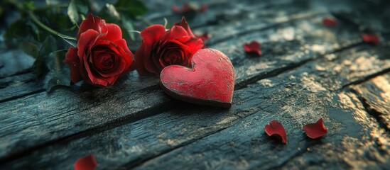 Red roses, heart, wood, petals, romance