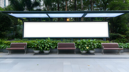 Blank Billboard Display Shows in a Green City Park with Wooden Benches and Plants Beautifully Arranged.