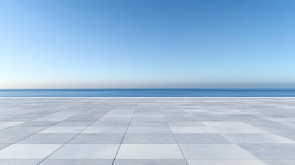 Fototapeta premium Empty square floor and calm sea with clear sky background in morning, showcasing serenity and peace.