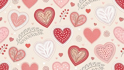 Vector seamless pattern with dotted texture heart shapes and gentle flowers. Romantic decorative background for Valentine Day. Love hearty backdrop.
