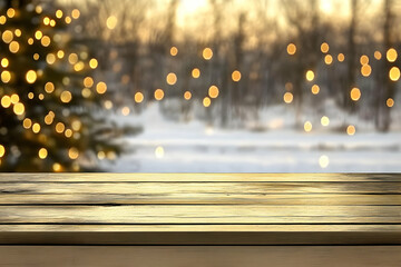 Empty Wooden Table Top With Blurry Festive Christmas Background.