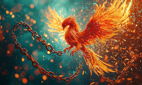 A fiery phoenix breaks free from chains, symbolizing rebirth and strength in a vibrant, ethereal setting.