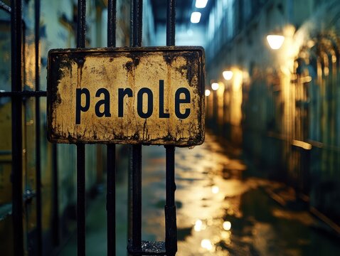 The Prison Steel Door in Dim Hallway with "Parole" Sign Illuminated by Soft Lighting Showcasing Gritty Details and Reflections in Puddles