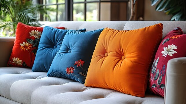 Colorful decorative throw pillows on a sofa in living room with natural window light and plants